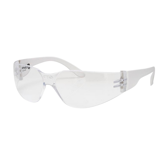 Stockade clear safety specs providing 99.9 % UV protection with anti‑fog technology, hard‑coated anti‑scratch lens, medium‑impact construction and lightweight 23 g
