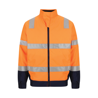 Two‑tone bomber jacket in orange/navy made from 180 gsm water‑resistant polyester Oxford with 50 mm bio‑motion reflective tape on arms; quilt lined with fleece collar; four pockets including phone pocket; fully seam‑sealed and waterproof