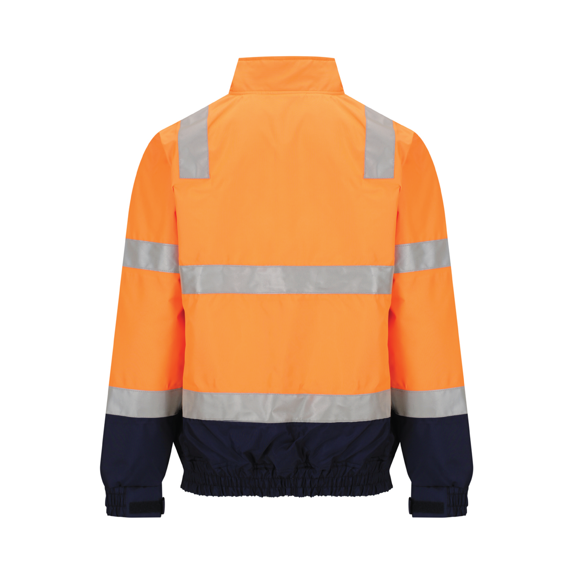 Two‑tone bomber jacket in orange/navy made from 180 gsm water‑resistant polyester Oxford with 50 mm bio‑motion reflective tape on arms; quilt lined with fleece collar; four pockets including phone pocket; fully seam‑sealed and waterproof