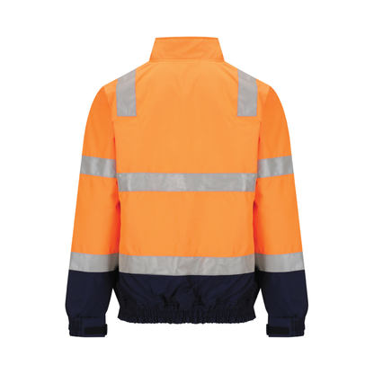 Two‑tone bomber jacket in orange/navy made from 180 gsm water‑resistant polyester Oxford with 50 mm bio‑motion reflective tape on arms; quilt lined with fleece collar; four pockets including phone pocket; fully seam‑sealed and waterproof