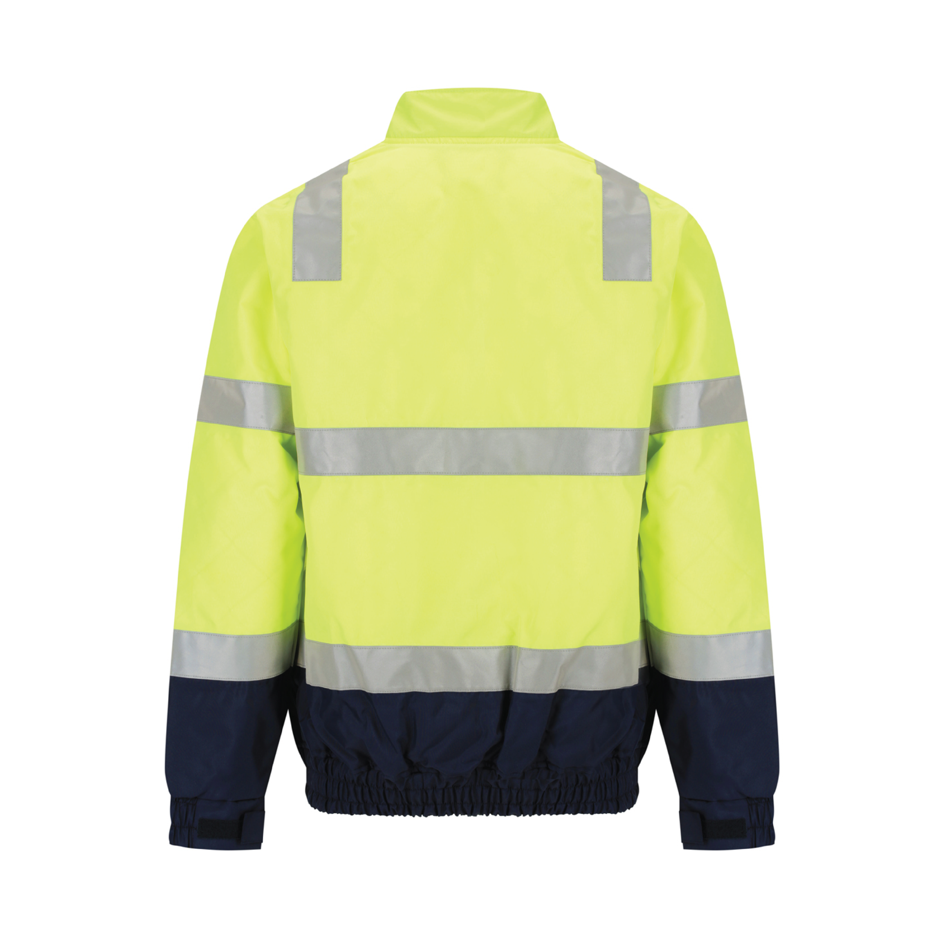 Two‑tone bomber jacket in yellow/navy constructed from 180 gsm water‑resistant polyester Oxford; bio‑motion reflective tape on arms; quilt lined with fleece collar; four pockets including phone pocket; fully seam‑sealed and waterproof