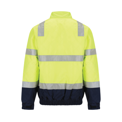 Two‑tone bomber jacket in yellow/navy constructed from 180 gsm water‑resistant polyester Oxford; bio‑motion reflective tape on arms; quilt lined with fleece collar; four pockets including phone pocket; fully seam‑sealed and waterproof