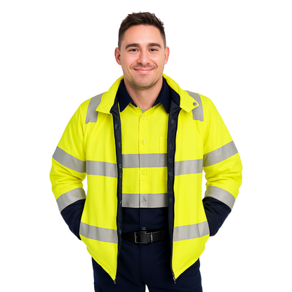 Two‑tone bomber jacket in yellow/navy constructed from 180 gsm water‑resistant polyester Oxford; bio‑motion reflective tape on arms; quilt lined with fleece collar; four pockets including phone pocket; fully seam‑sealed and waterproof