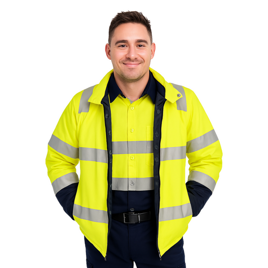 Two‑tone bomber jacket in yellow/navy constructed from 180 gsm water‑resistant polyester Oxford; bio‑motion reflective tape on arms; quilt lined with fleece collar; four pockets including phone pocket; fully seam‑sealed and waterproof